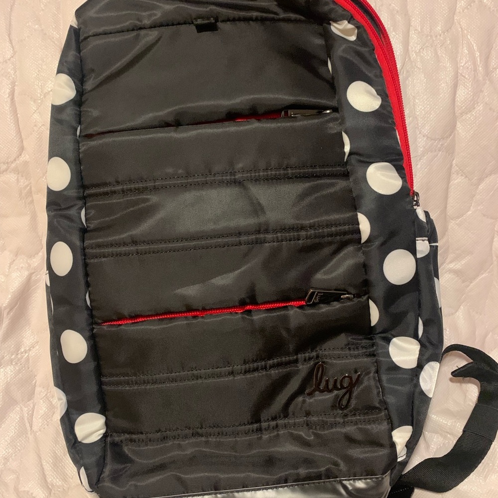 Lug Black/red w/ white polka dots book bag.